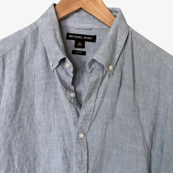 Michael Kors Linen Light Blue Button Down Shirt Mens Medium Preppy Vacation - Picture 2 of 16